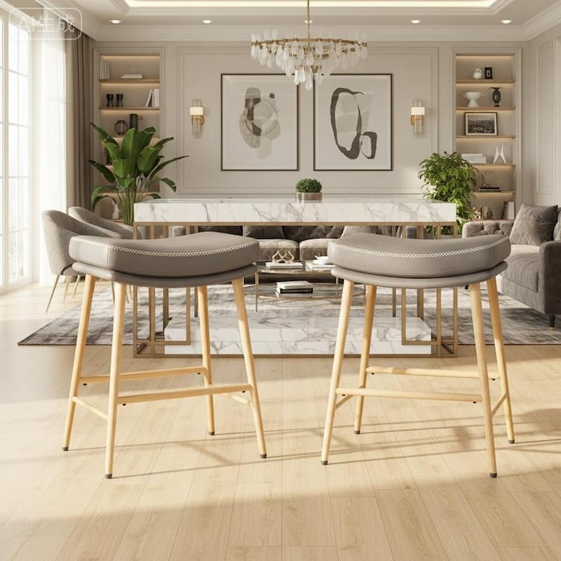 RENEWLINE Metal Bar Stools, 24 Inch Backless Counter Height Stools（Set of 2/3/4/6） with PU Leather Seat & Footrest