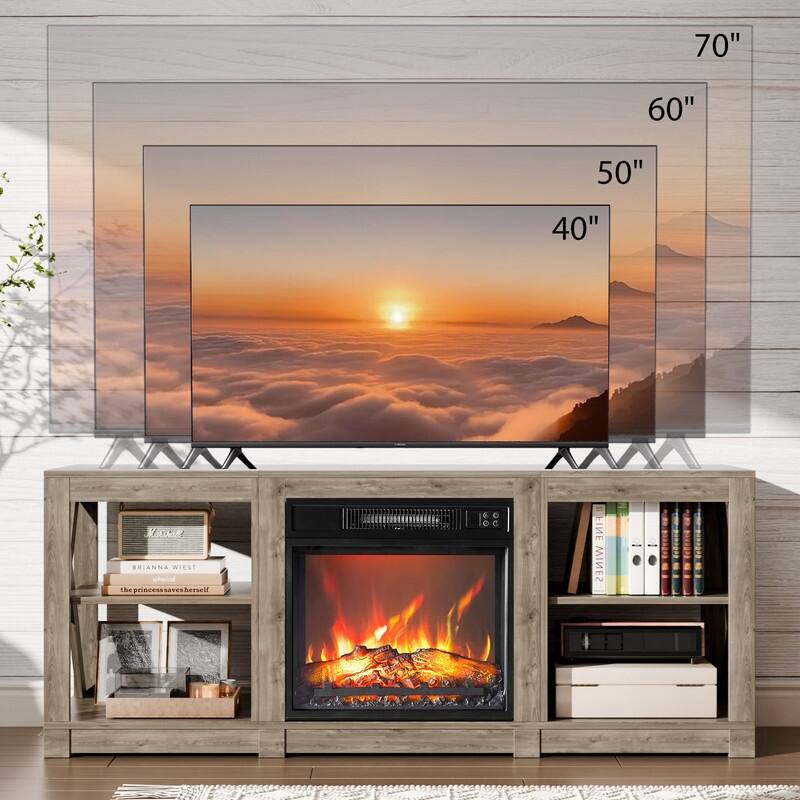 TV Stand with Optional Fireplace for TVs up to 70in Farmhouse Entertainment Center with Adjustable Shelves