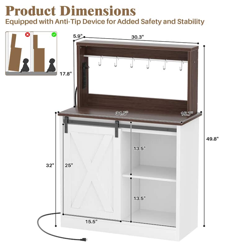 Farmhouse Wine Bar Cabinet with Barn Door & Charging Station,Sturdy Buffet Coffee Bar Cabinet with LED Lights & Hutch