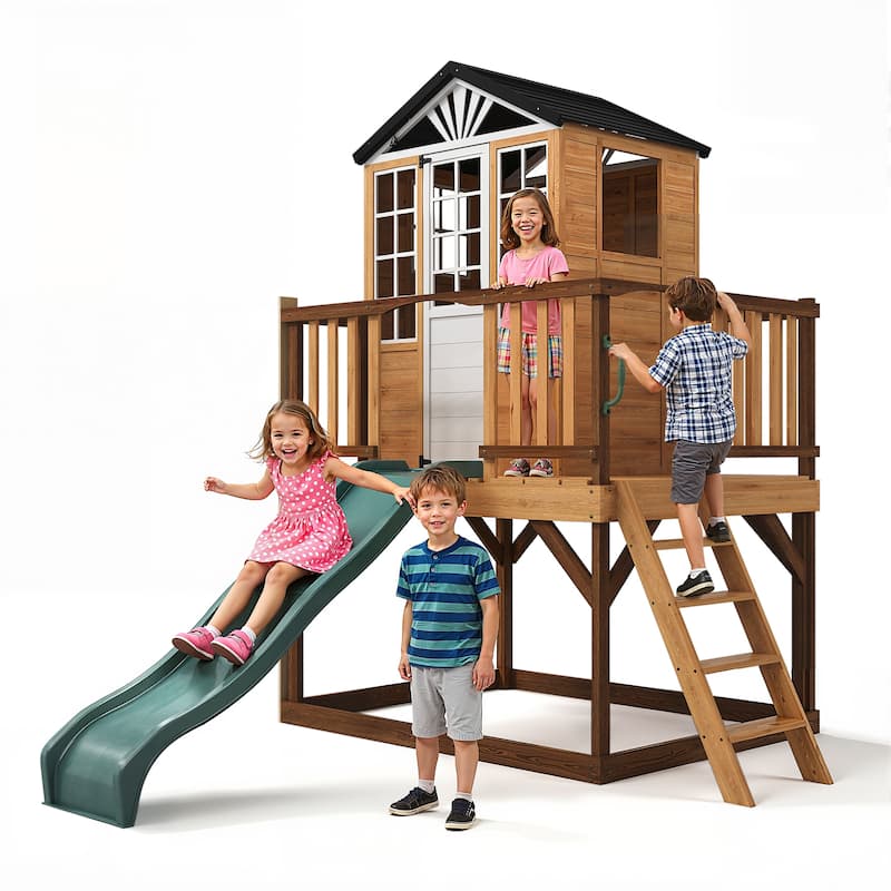 9-in-1 Wooden Playhouse with Slide & Sandbox