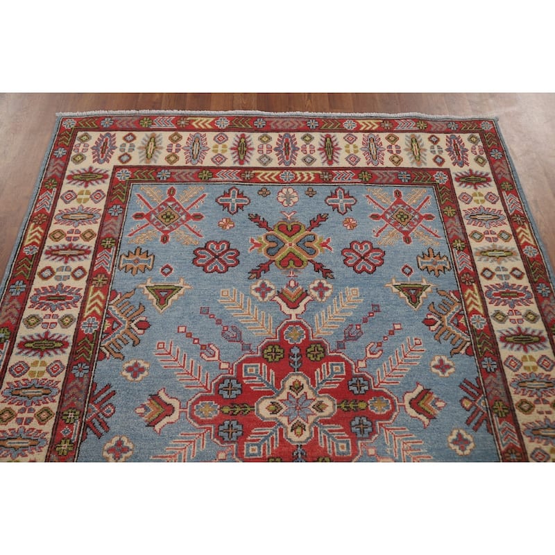 Blue Kazak Area Rug Hand-Knotted Wool Carpet - 4'10" x 6'5"