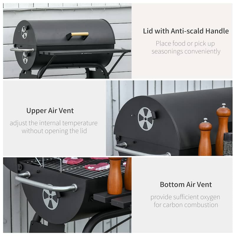 30" Portable Barrel Charcoal BBQ Grill, Steel Outdoor Barbecue Smoker with Storage Shelf, Wheels