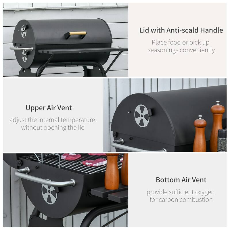 Portable Barrel Charcoal BBQ Grill, Steel Outdoor Barbecue Smoker with Storage Shelf Wheels, for Garden Camping Picnic