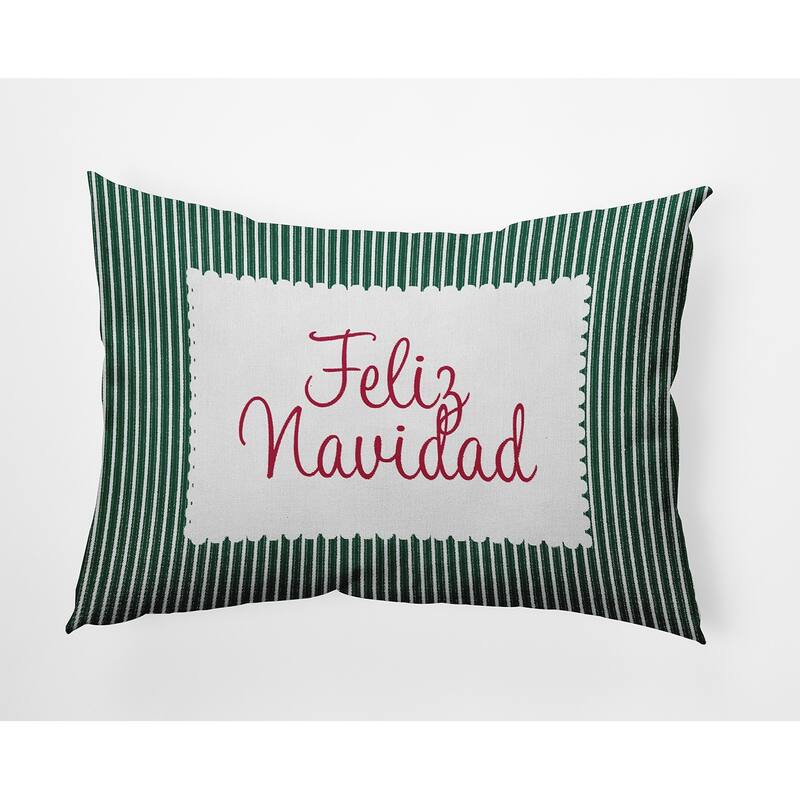 Feliz Navidad Ticking Christmas Indoor/Outdoor Throw Pillow - 14" x 20" - Forest Green