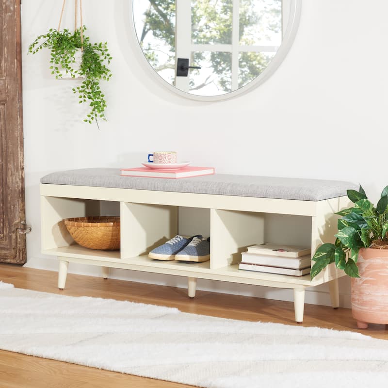 SAFAVIEH Cricket Mid-Century Modern Open Shelf Storage Bench with Cushion - Grey Linen/Cream