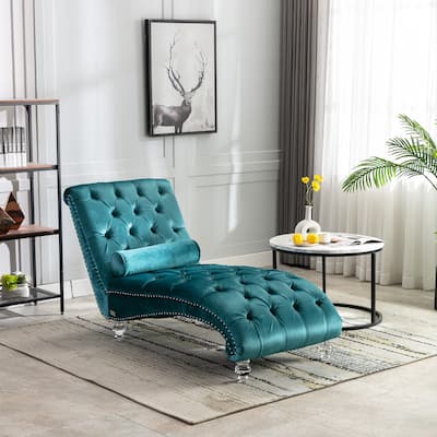Teal Modern 63.98" Upholstered Buttons Tufted Chaise Lounge Chair with Pillow and Acrylic Legs