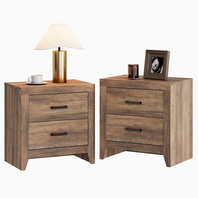 WAMPAT Farmhouse End Table with 2 Storage Drawers - Rustic Brown Accent Table for Bedroom & Living Room - Brown - 2 PCS