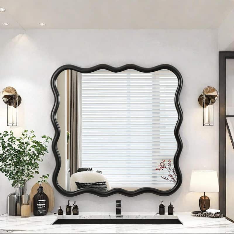 Mia Solid Wood Wavy Square Large Wall Mirror with HD Reflection and Artistic Frame Design by GDFStudio - 36" x 36"