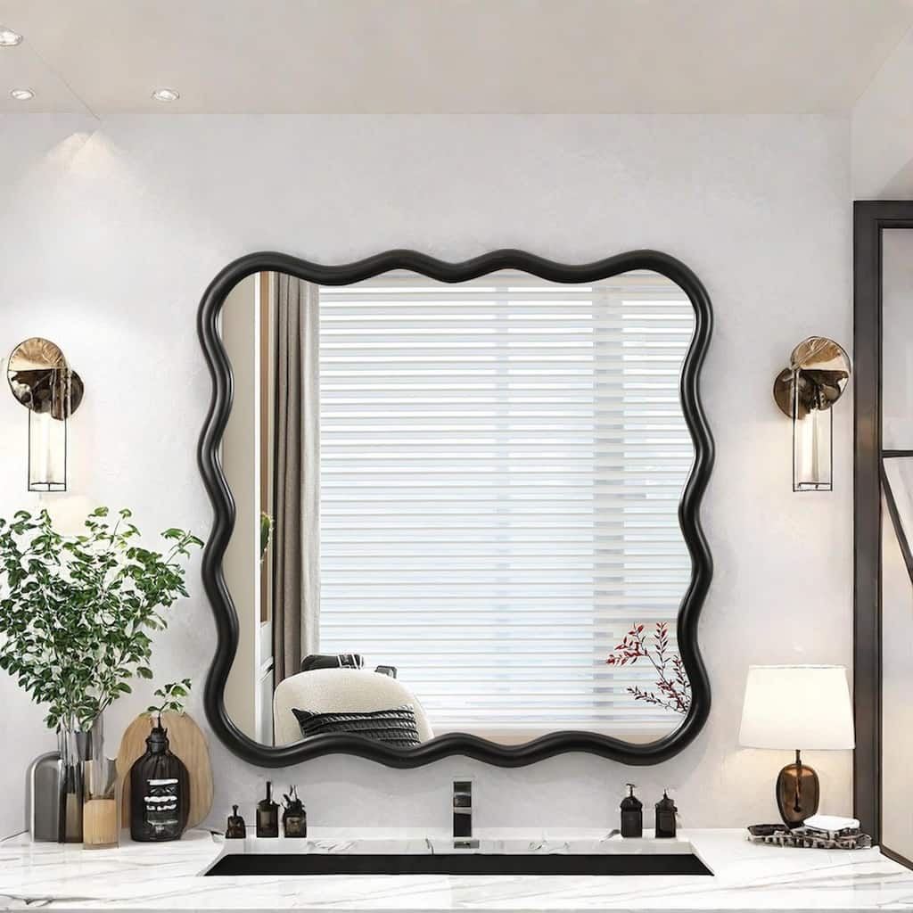 Solid Wood 36"x36" Wavy Frame Wall Mirror - Farmhouse-Style Vanity Mirror for Any Room Decor