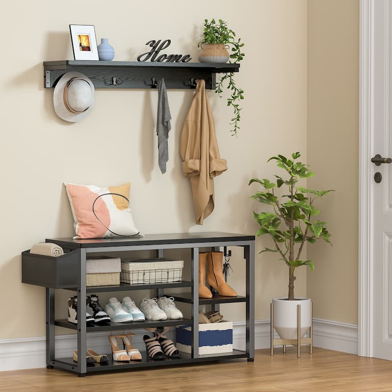 Industrial Hall Tree, 4-in-1 Entryway Coat Rack and Shoe Bench Rack Set with 5 Shoe Storage Cabinets