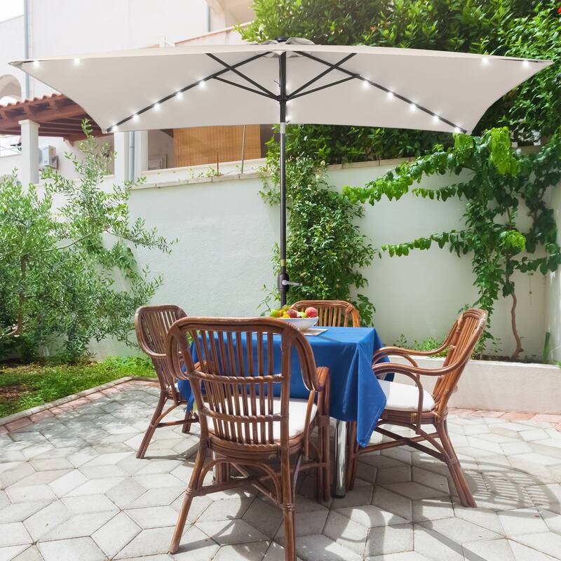 Bonosuki 10 x 6.5ft LED Patio Rectangular Umbrella Outdoor Market Umbrella Aluminium/Steel with Tilt and Crank - Antique Beige