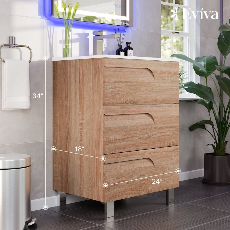 Joy 24"W Maple Freestanding Bath Vanity with Porcelain Top & Integrated Sink