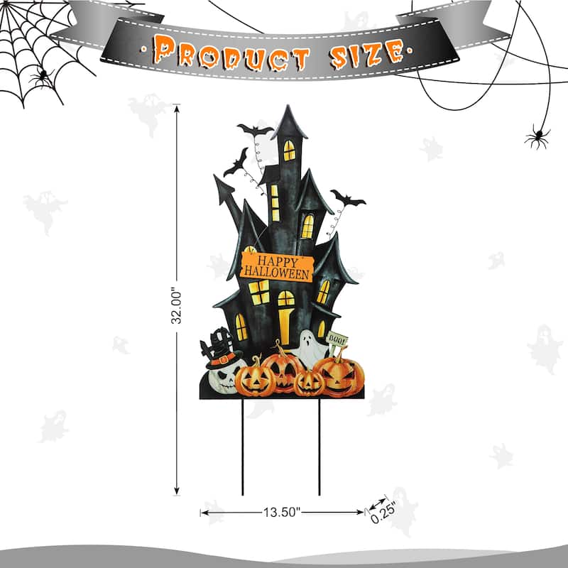 Glitzhome 32"H Happy Halloween Metal Haunted House Yard Stake