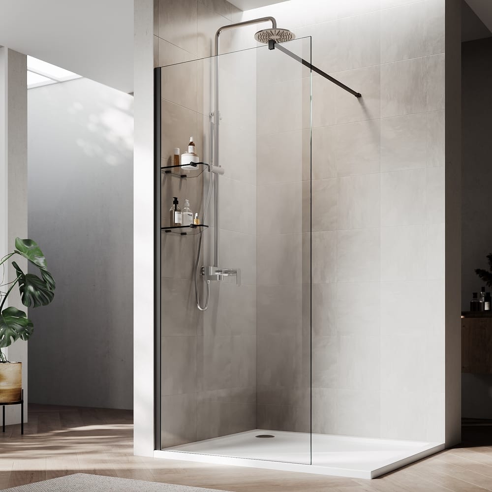 Elegant Frameless Fixed Glass Panel Shower Door 74inch High with 5/16inch Clear Tempered Glass with 2 Corner Shelves