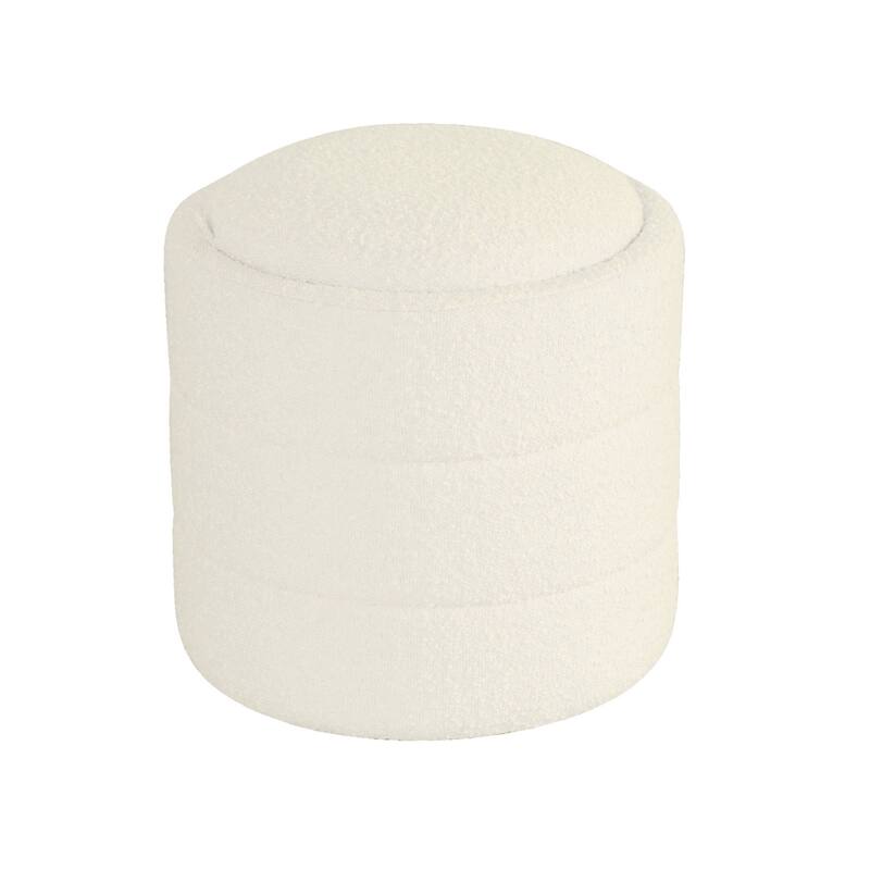 Pero 18 Inch Round Storage Ottoman with Removable Lid in White Boucle Fabric