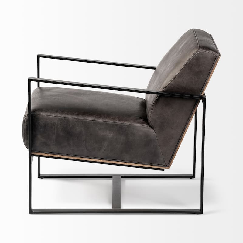 Stamford Black Genuine Leather w/ Light Brown Solid Wood Back & Black Iron Frame Accent Chair