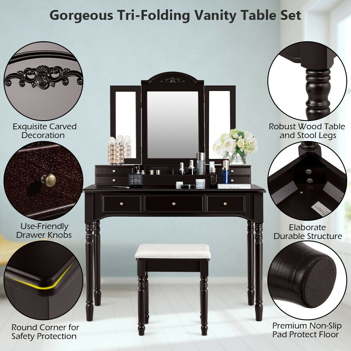 Shop Gymax Vanity Set Makeup Table W 7 Drawers Tri Folding Mirror