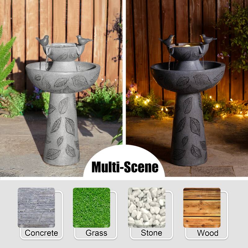 Glitzhome Birdbath Polyresin Outdoor Fountain with Birds, Pump and LED Light