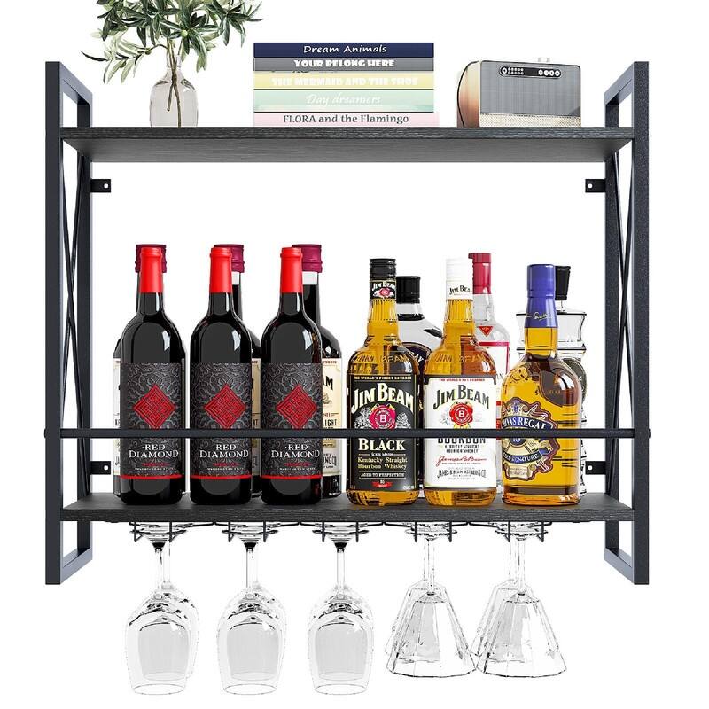 Wine Rack Wall Mounted 2 Tier Shelf - 23.6"D x 7.9"W x 20.4"H - Black Oak
