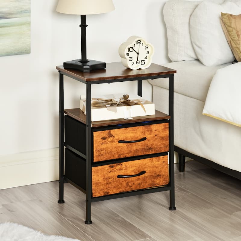 Homy Casa Industrial Nightstands Drawers, USB, Power Outlet Vintage - Vintage Brown - 2-drawer