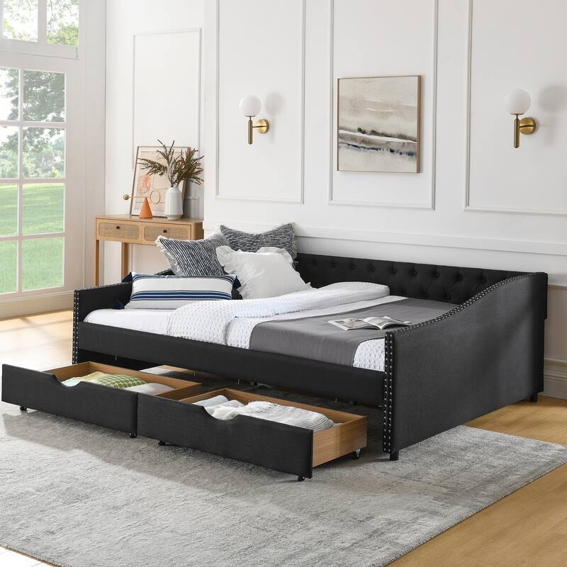 Queen Size Linen Upholstered Daybed Frame with 2 Drawers & Tufted Backrest