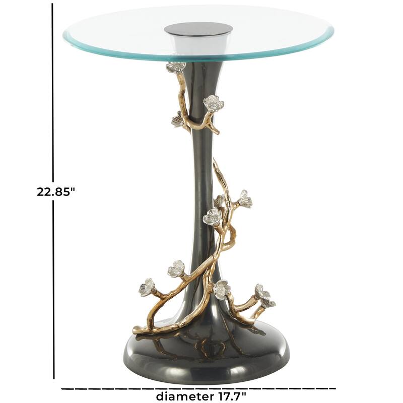 Aluminum Metal Floral Twisted Vine Side End Accent Table with Glass Tabletop - Black - Roche River Decor