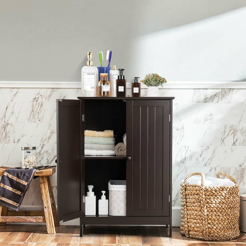 Gymax Bathroom Floor Storage Cabinet Double Door Kitchen Cupboard Shoe
