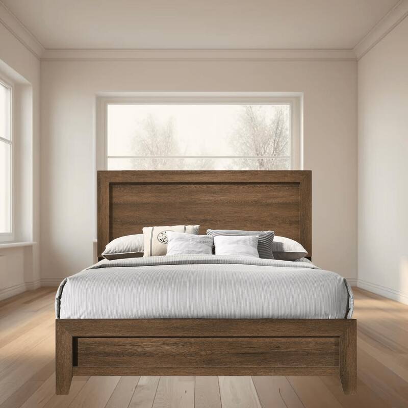 Mid-Century Modern King Size Bed with Tapered Legs and Panel Design, Box Spring-Free, Sturdy and Stylish Bedroom Furniture - Oak - King