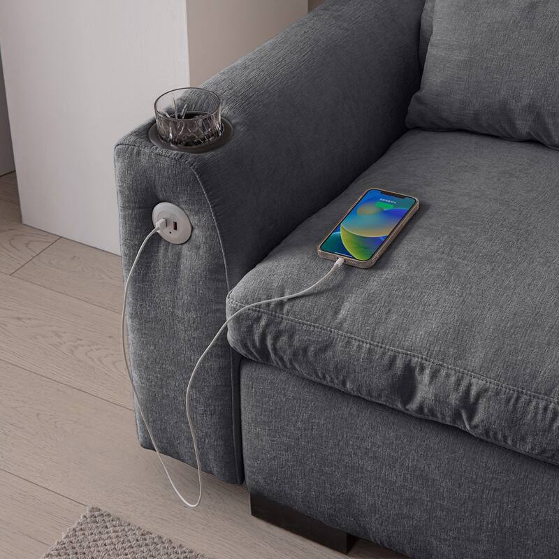 Elegant Chenille Modular Sofa with Reversible Ottoman, USB Ports & Cup Holder, Dark Grey