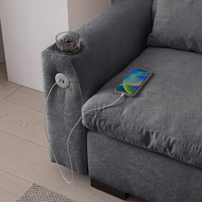 Modern L Shaped Chenille Oversized Sofa with Reversible Ottoman, USB Ports, and Cup Holder