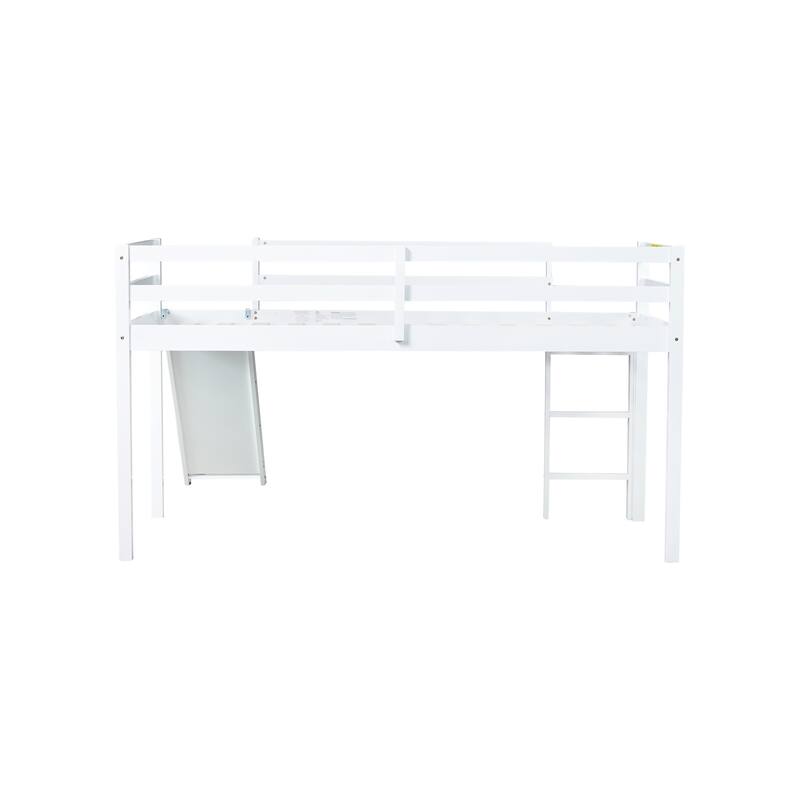 Rubber Wood Twin Loft Bed Frame, Twin Size Low Loft Bed with Ladder and Silde, Solid Wood Kids Loftbed Frame with Guardrail