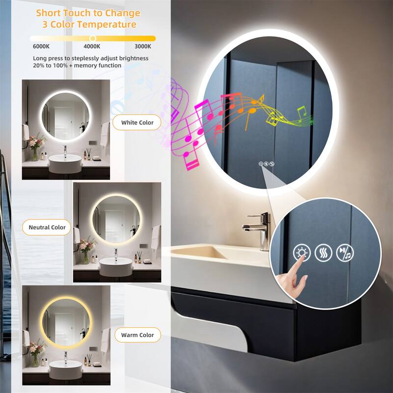32" Round Wall Illuminated Bathroom Mirror with Lights Bluetooth Speaker Dimmable Defogging - 31.50” x 31.50”