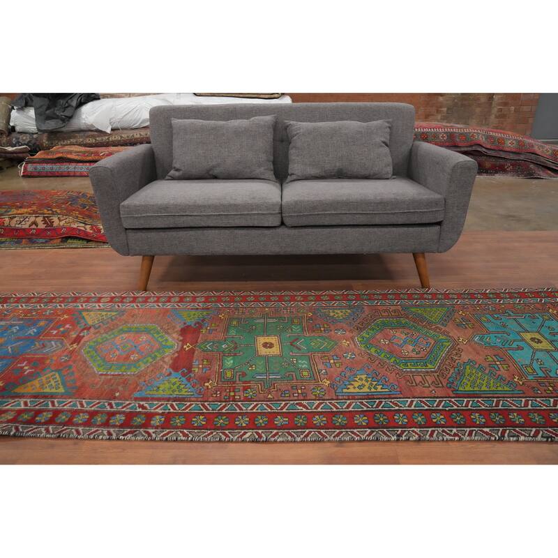 Hand Knotted Oriental 100% Wool Carpet Traditional Geometric Oranges & Rust Heriz Runner Rug - 9' 11'' X 3' 1''