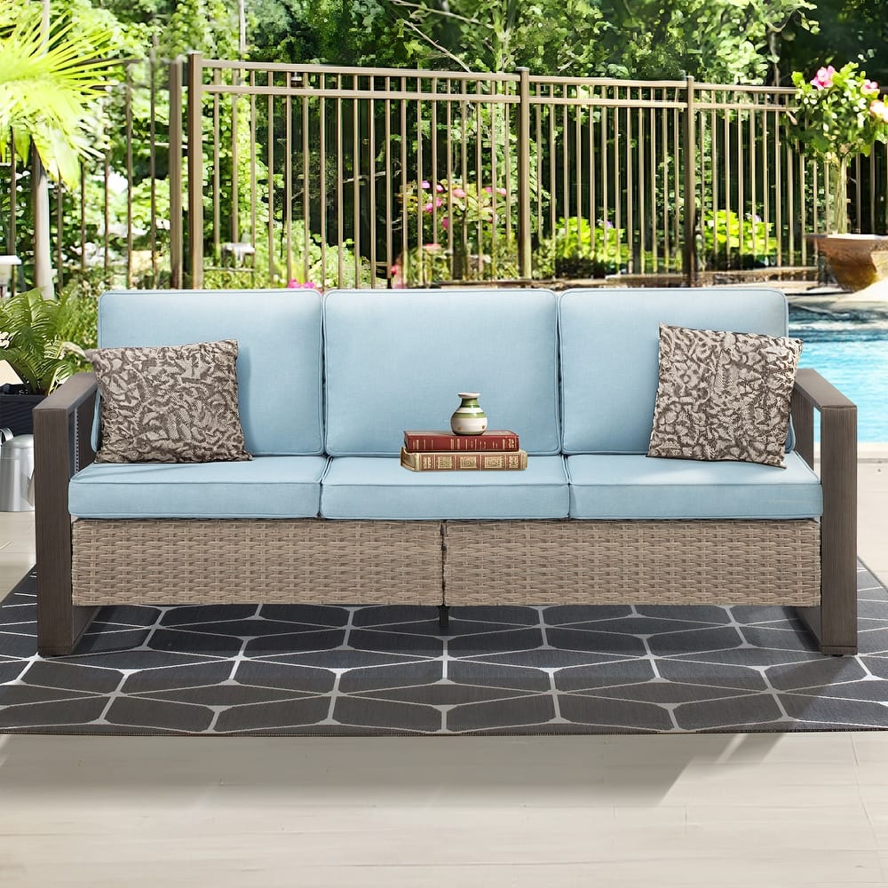 Cozywor Wicker Outdoor Patio Sofa Steel Frame with Beige Cushions