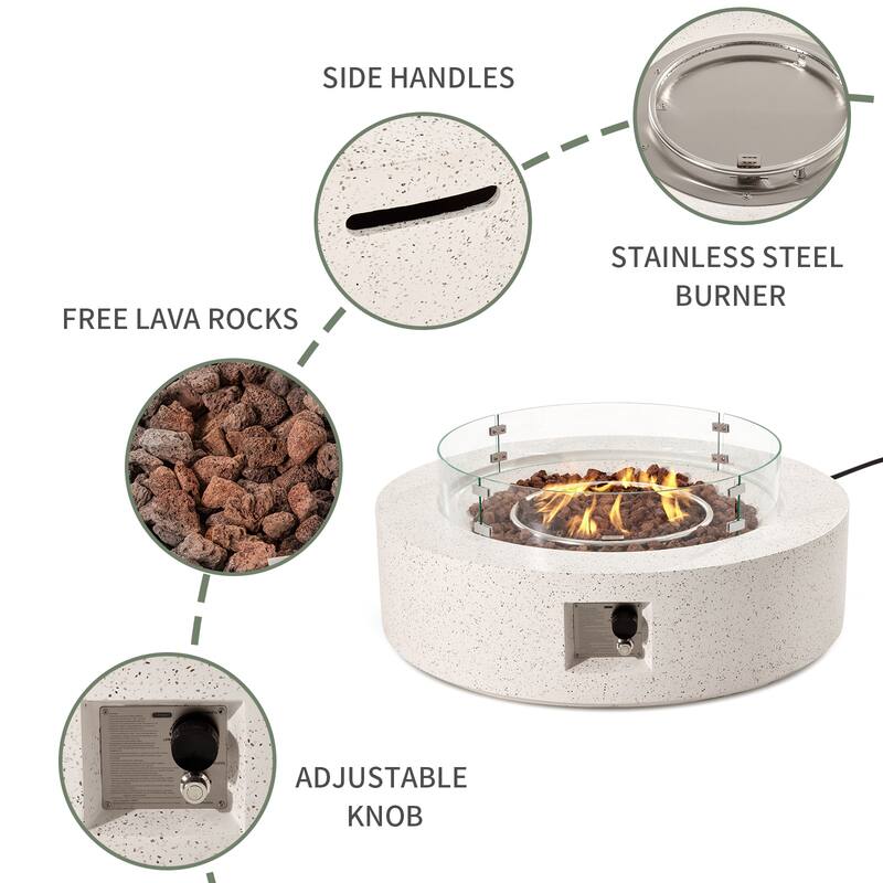 Round Terrazzo Outdoor Firepit with Propane Tank Cover & Wind Guard