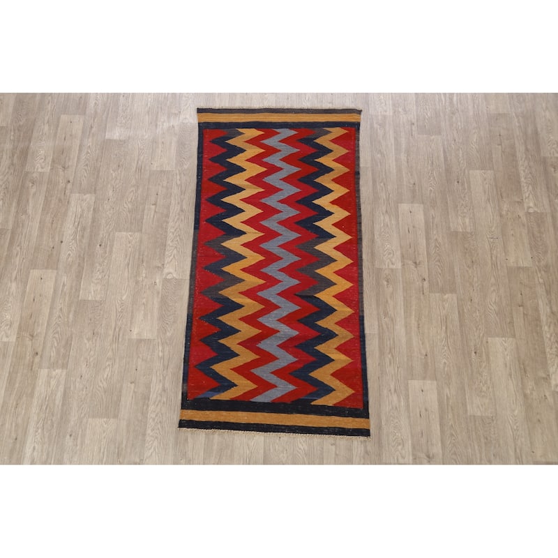 Geometric Chevron Kilim Oriental Area Rug Hand-woven Wool Carpet - 3'1" x 6'3"