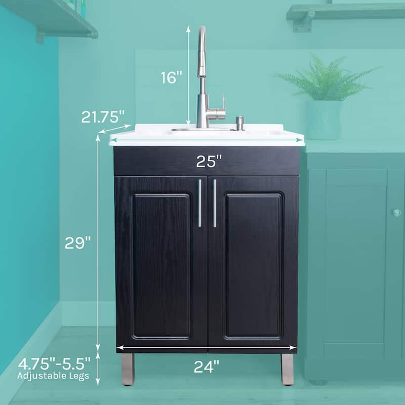 TEHILA Black Utility Sink Cabinet, High Arc Faucet, Soap Dispenser