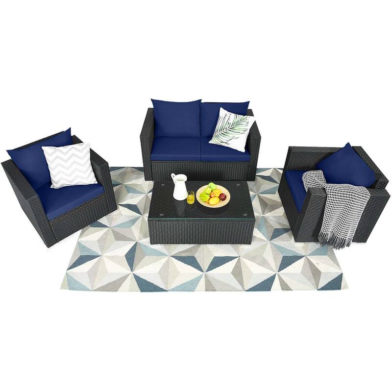 Gymax Set of 4 Rattan Furniture Set Cushioned Sofa Chair Coffee Table - Blue