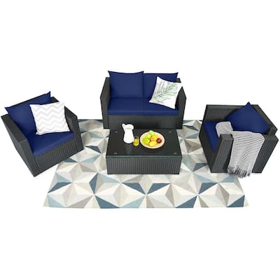 Gymax Set of 4 Rattan Furniture Set Cushioned Sofa Chair Coffee Table