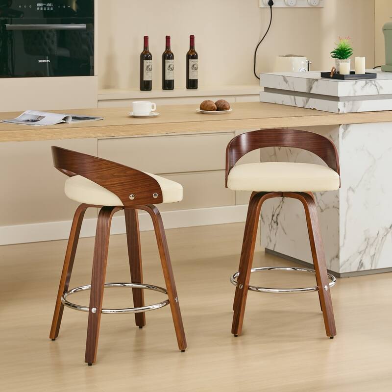 GDF Studio - Halden Mid-Century Swivel Wood Bar Stools with Soft Cushion Seat (Set of 2)