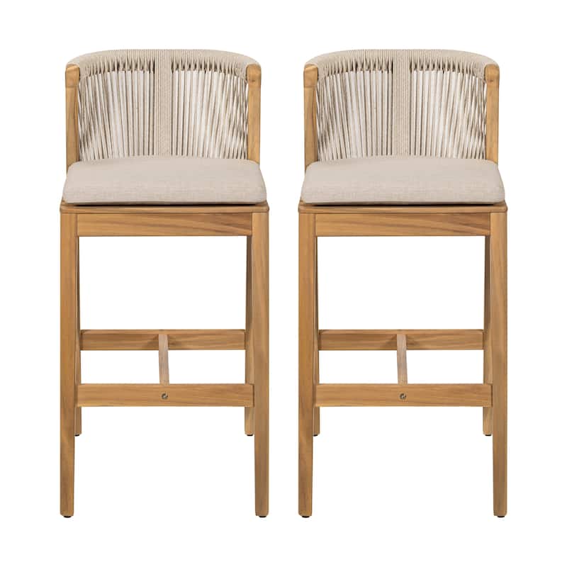 Christopher Knight Home - Louie Outdoor Charm Acacia Wood Rope-Weave Barstool Set with Cushions