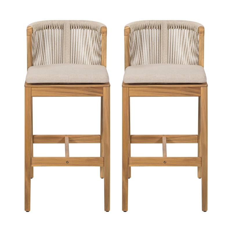 Roomfitters Louie Outdoor Acacia Wood Barstools with Rope Woven Back, Teak Finish and Beige Set of 2
