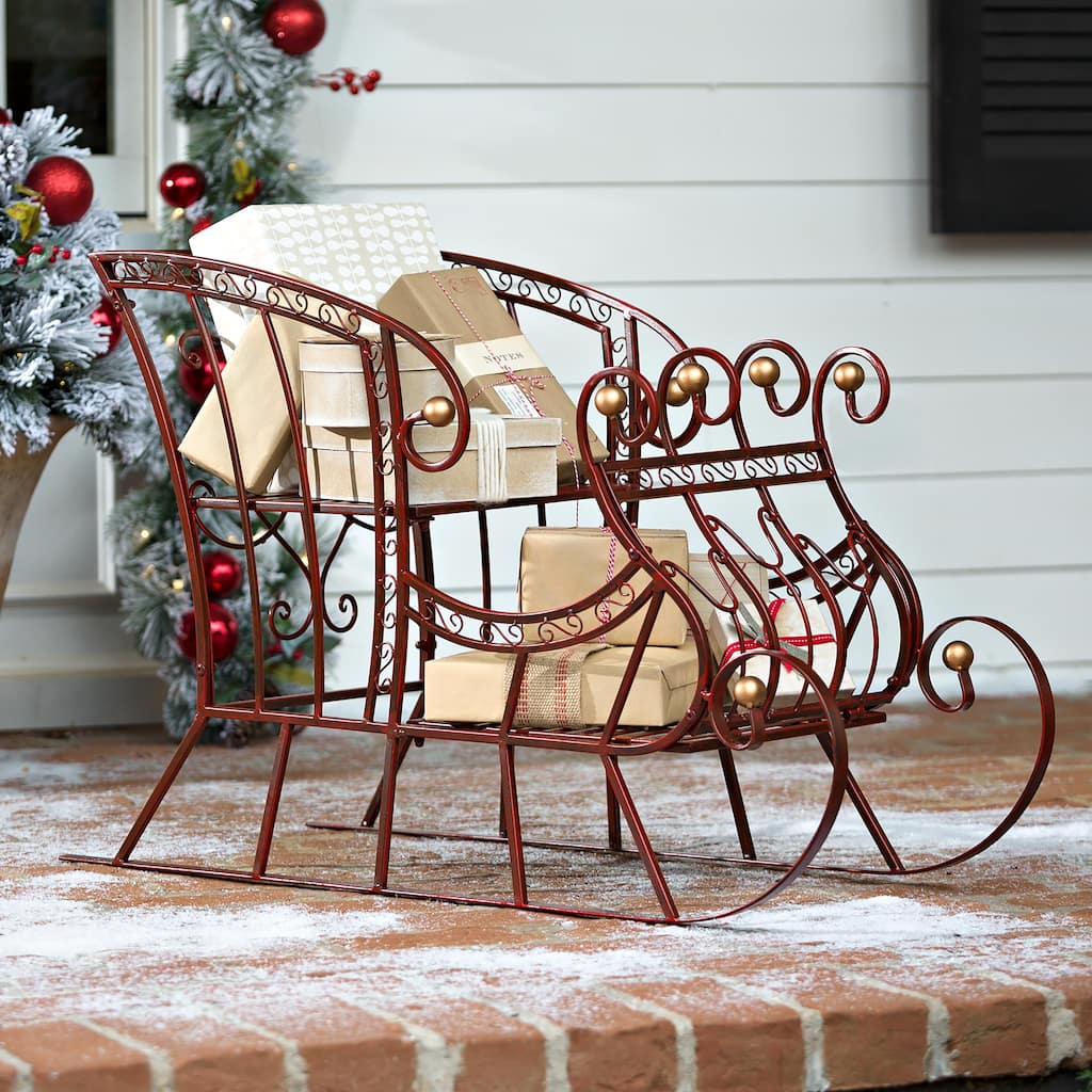 Red Metal Holiday Sleigh Yard Statue