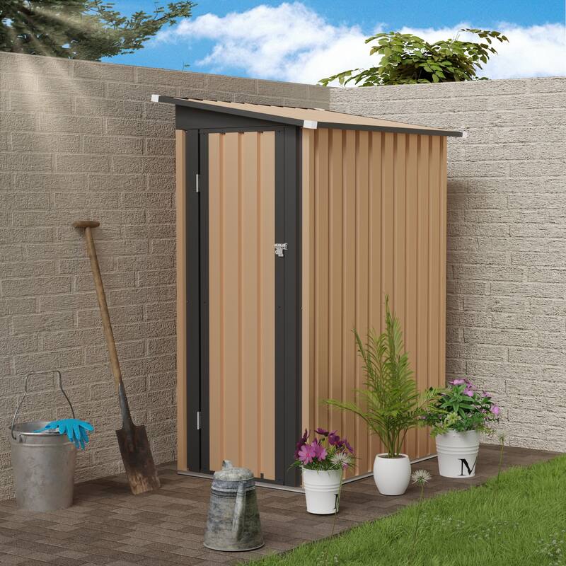 4.27 FT x 2.42 FT Metal Garden Shed 5 X 3 FT Pent Roof with Side Hinge Door - Black+Brown