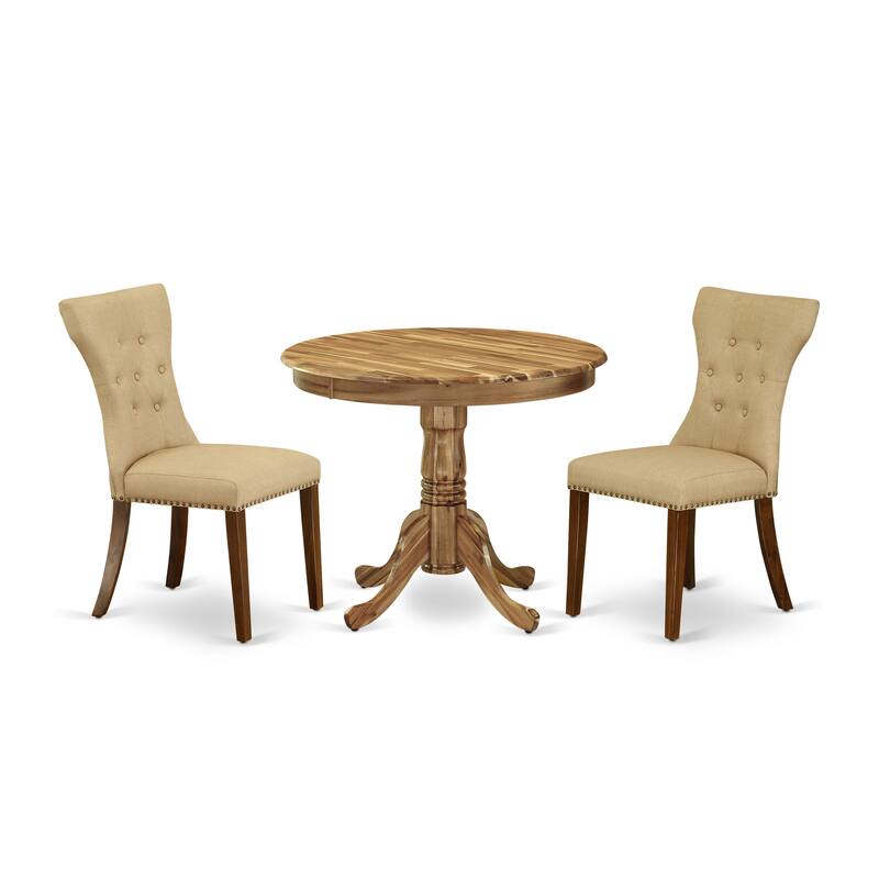 East West Furniture 3 Piece Dinette Set- A Round Kitchen Table with Pedestal and 2 Linen Fabric Dining Chairs, (Finish Options)