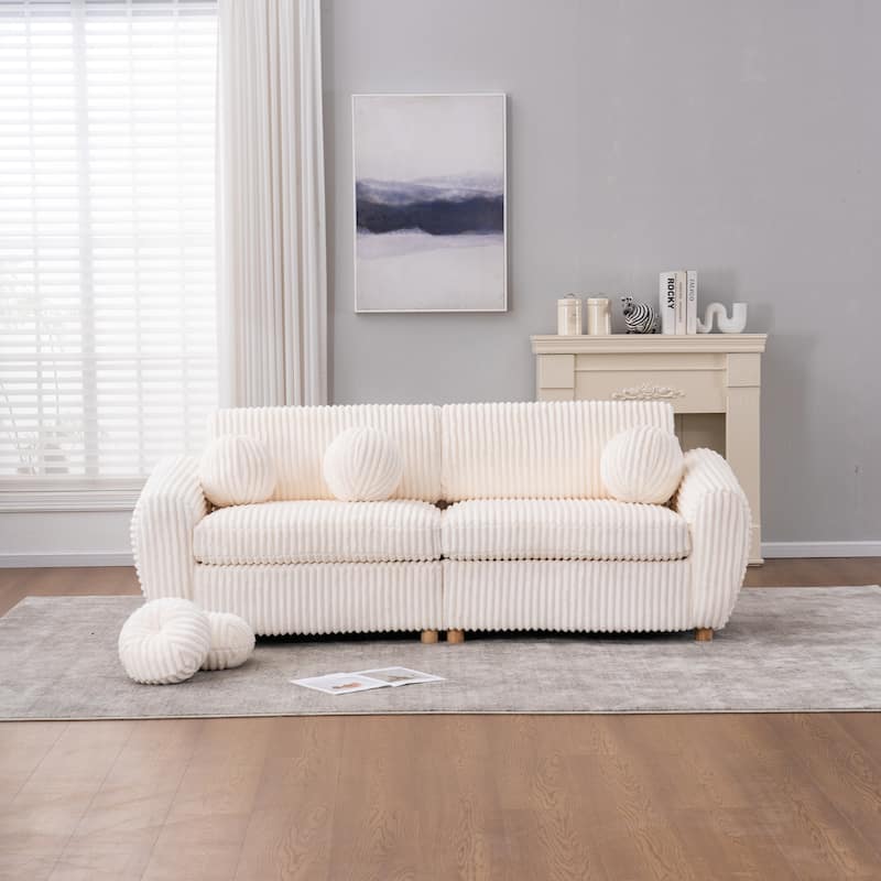 Corduroy Upholstered Loveseat Sofa, Fluffy Cloud Sectional Sofa with Armrest, Deep Seat Couch Settee with 5 Throw Pillows