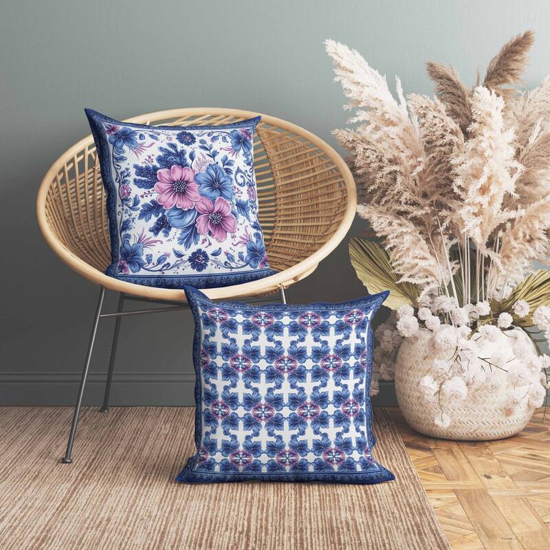 Periwinkle Pattern Indoor/Outdoor Reversible Throw Pillow Blue and Pink