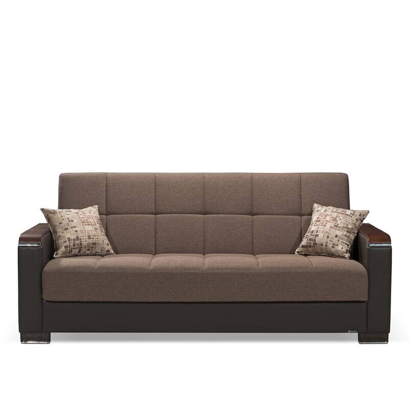 HomeRoots 87" Brown Chenille And Faux Leather Convertible Futon Sleeper Sofa And Toss Pillows With Storage