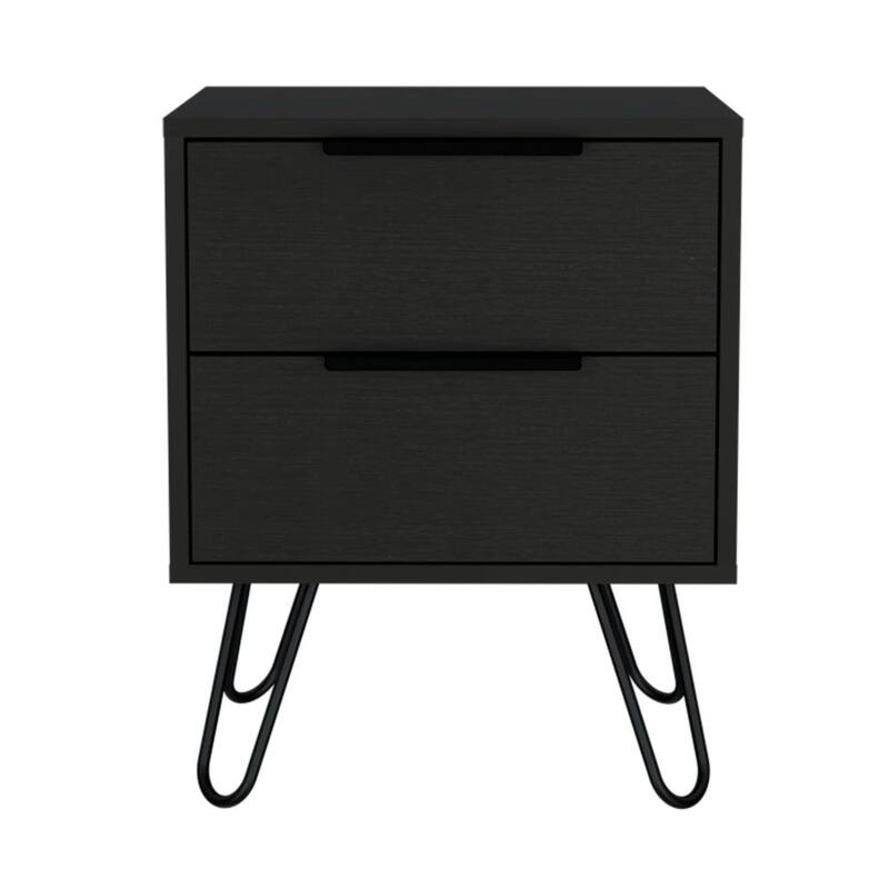 Modern Black Nightstand with Hairpin Legs and Two Drawers