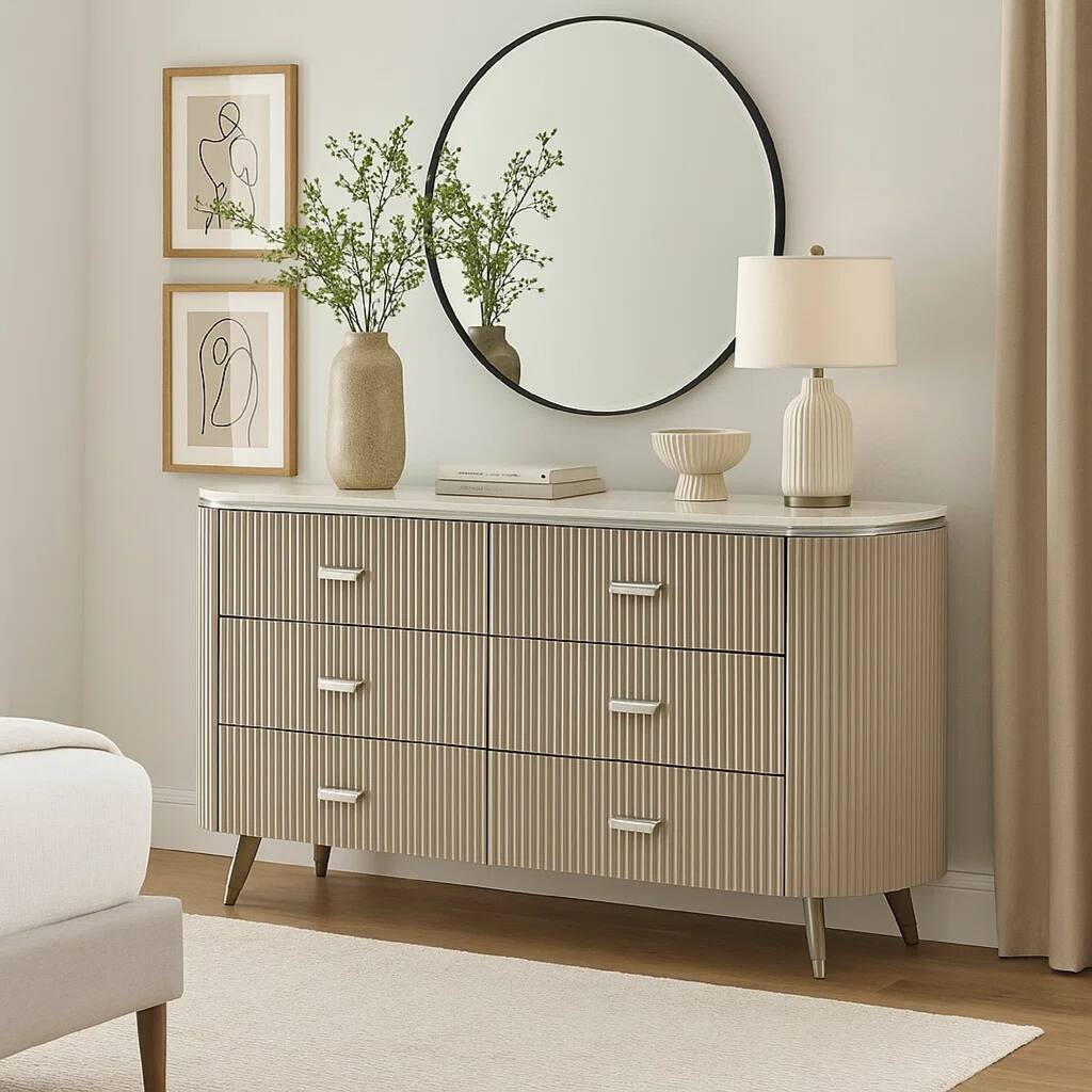 Gema 6 Drawer Wide Dresser, Light Gray Solid Wood with Cultured Stone Top